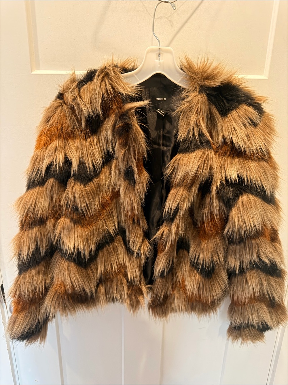 Forever 21 Shaggy Faux Fur Jacket Small Brown Black Tan Striped Glam